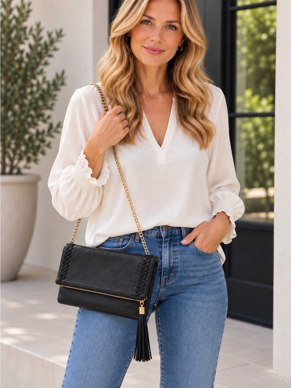 Moda Luxe Ivory V-Neck Ruffle Cuff Blouse